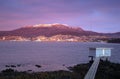 Mount Wellington with snow and the city of Hobart from across the Derwent River Royalty Free Stock Photo