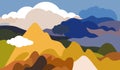 Asian landscape with mountain peaks, hills, forests and fields, cloudy sky. Horizontal poster on the theme of tourism.