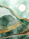 Mountain abstract landscape, mountainscape, mountain mural illustartion. Gold, marble, green, watercolor texture