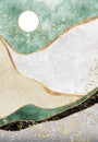 Mountain abstract landscape, mountainscape, mountain mural illustartion. Gold, marble, green, watercolor texture