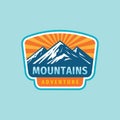 Mountain adventure badge design. Extreme traveling expedition logo in flat vintage style. Hiking climbing sport training. Vector i