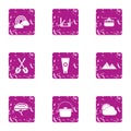 Mountain adventure icons set, grunge style