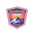 Mountain adventure outdoor badge design. Extreme traveling expedition logo in flat vintage style. Hiking climbing sport training.