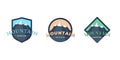 Mountain Adventure shield logo badge for extreme tourism and sport hiking. Outdoor nature rock camping square and circle Royalty Free Stock Photo