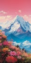 Mountain Adventure: A Stunning Painting Of Majestic Peaks And Vibrant Flowers Royalty Free Stock Photo