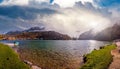 Mountain alpine autumn misty morning lake Konigssee, Schonau am Konigssee, Berchtesgaden national park, Bavaria, Germany Royalty Free Stock Photo