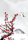 Mountain background with cherry flowers and crane birds.