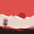 Mountain background vector. Minimal landscape art with red color.