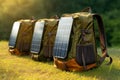 Mountain backpack with solar charger for travel, outdoor adventures and hiking. Solar energy in modern gadgets powered by