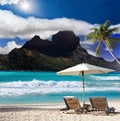 Mountain ,beach chairs and sea.