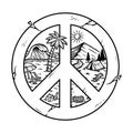 mountain and beach with peace symbols