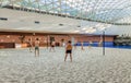 Mountain Beach Water Park in Gorky Gorod resort. Interior view with people playing volleyball on sand Royalty Free Stock Photo