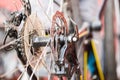 Mountain bicycle repairing. MTB rear wheel disk brakes closeup Royalty Free Stock Photo