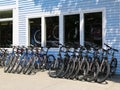 Mountain bicycles ready for tourists in Bar Harbor, Maine