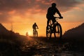 Mountain bike adventure Silhouetted cyclists, travel, and evening fitness journey