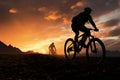 Mountain bike adventure Silhouetted cyclists, travel, and evening fitness journey