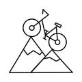 Mountain bike climbs to the top of snowy hills. Editable outline stroke linear bicycle icon. Thin vector black contour