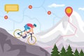 Mountain bike competition, biking extreme sport ride vector illustration. Downhill cycling. Man biker high jump on