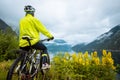 Mountain bike cyclist near fjord, Norway Royalty Free Stock Photo