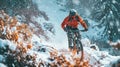 Mountain bike cyclist riding in a winter forest along a trail. Extreme cycling sports concept. Beautiful nature in golden sunlight