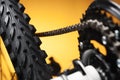 Part of the mountain bike, front sprocket and tire Royalty Free Stock Photo