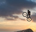 Mountain bike, jump and sport with mockup of a man athlete with energy and speed in nature. Healthy sports person with Royalty Free Stock Photo