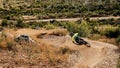 Mountain bike, man and cycling adventure on dirt hill, sand path and speed challenge, sports action or fast race in