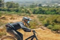 Mountain bike, man and race for speed, dirt or nature in summer for mock up, extreme sport or motion blur. Bicycle Royalty Free Stock Photo