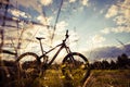 Mountain bike MTB on green summer forest trail, inspirational la Royalty Free Stock Photo