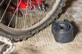 Mountain bike with punctured flat tire. Concept of bad luck and unforeseen Royalty Free Stock Photo