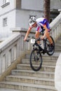 Mountain bike races - down stairs in city Ruzom berok, Slovakia