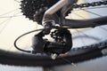 Mountain bike rear derailleur close-up. Rear racing bike cassette on the wheel with chain Royalty Free Stock Photo