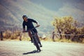 Mountain bike street, cycling exercise and man training for professional competition, happy with sports on bicycle and Royalty Free Stock Photo