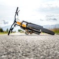 Mountain bike stretched on the ground without people