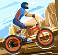 Mountain bike symbol. A bike with a powerful frame and wheels. The cyclist in a helmet and protective elbow and knee pads. The cli