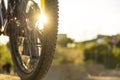 Back shot of mountain bike rear wheel. Bicycle wheels close up image on sunset. Royalty Free Stock Photo