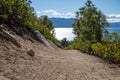 Mountain Bike tracks on a trail above Lake Tahoe.