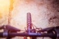 Mountain bike tyres outside, blurry handlebar, summer day, city mobility Royalty Free Stock Photo