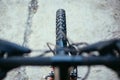 Mountain bike tyres outside, blurry handlebar, summer day, city mobility Royalty Free Stock Photo