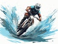 Mountain bike water jump in hand-drawn style