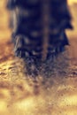 Mountain bike wheel close up with dirt dust particles