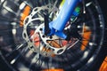 Mountain bike wheel with disc brake close up Royalty Free Stock Photo