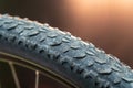 Mountain bike wheel tire protector. Bicycle tire close-up against the background of beautiful yellow lighting. Bicycle repair Royalty Free Stock Photo