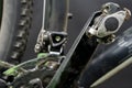 Mountain bike in the workshop. Pedal and front derailleur close-up. An active lifestyle using a serviceable bicycle Royalty Free Stock Photo