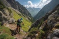 mountain biker ascending steep and rocky trail, with view of the valley below