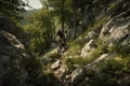 mountain biker climbing steep and challenging trail with sharp turns and jumps