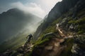 mountain biker climbing steep and challenging trail with sharp turns and jumps