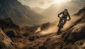 Mountain biker conquers extreme terrain, chasing sunset on cycle generated by AI Royalty Free Stock Photo