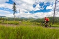 Mountain biker cycling riding in woods and mountains Royalty Free Stock Photo