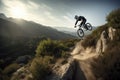 mountain biker flying through the air after jumping off cliff Royalty Free Stock Photo